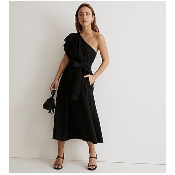 Madewell Ruffled One-Shoulder Flowy Relaxed Fit Lightweight Midi Dress Black NWT - Picture 1 of 16